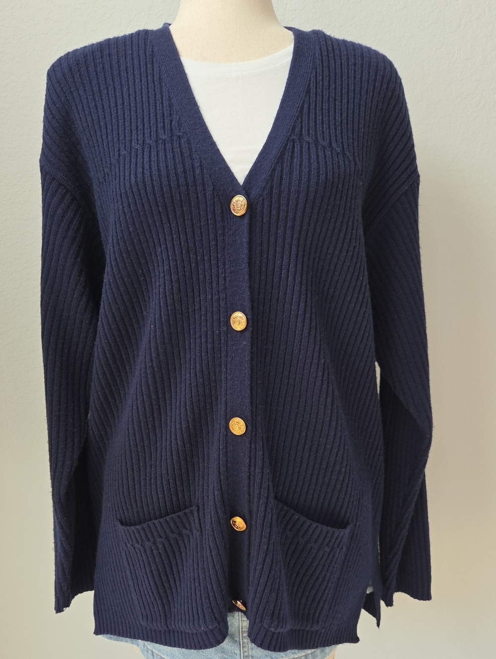 Navy Ribbed Knit V-Neck Button Cardigan Long Sweater Jacket With Gold Buttons